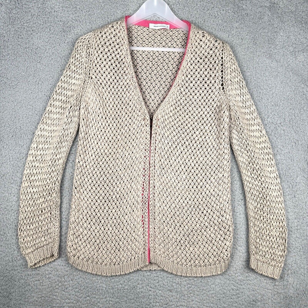 Rene Lezard Womens Knit Cardigan Beige Tan Pink Trim Size 36 Open Front Hook - Picture 2 of 7